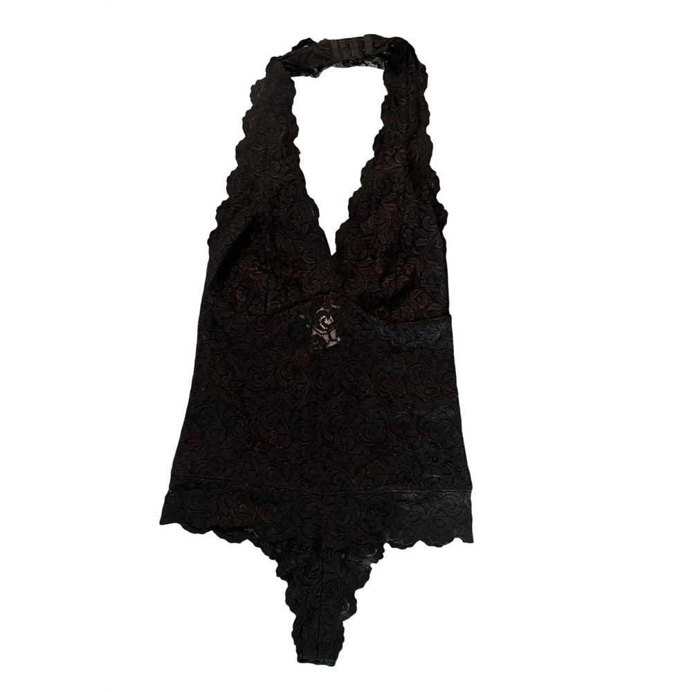 Marciano Black Lace Halter Bodysuit XS Floral Scalloped V-Neck Thong (0906)